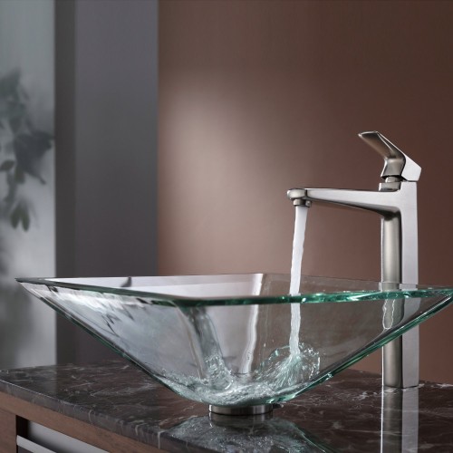 Clear Aquamarine Glass Bathroom Vessel Sink and Faucet