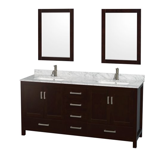 Double Bathroom Vanity in Espresso and White Carrera Marble Countertop